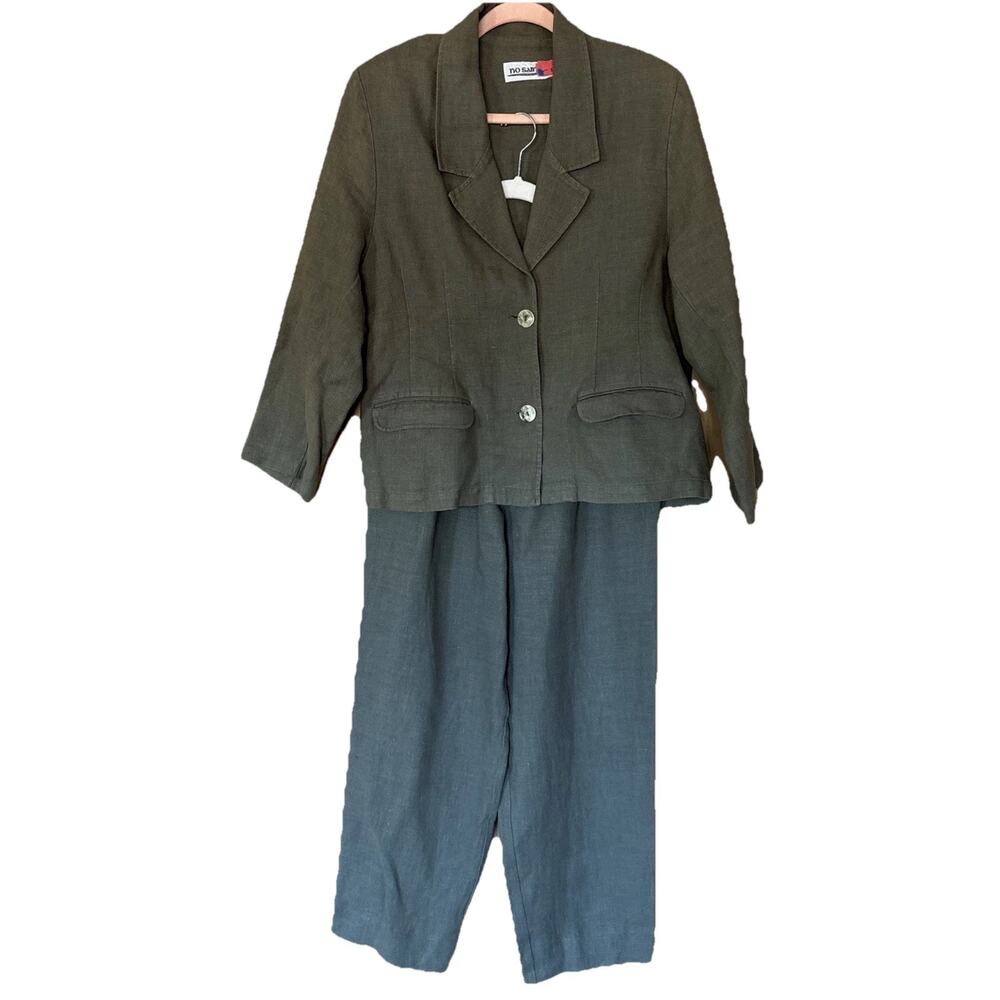 VTG Womens Olive Green Double Breasted Suit Linen S/M Pleated Pants Minimalist